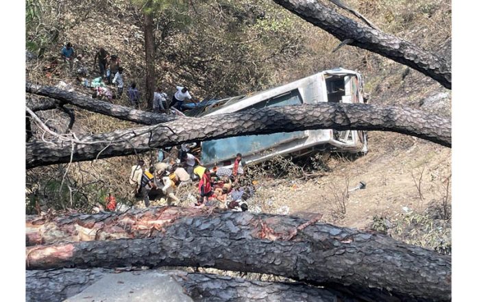 Police and locals launch rescue operation after bus carrying pilgrims rolled down into a gorge near Akhnoor on Jammu-Poonch highway on Thursday.