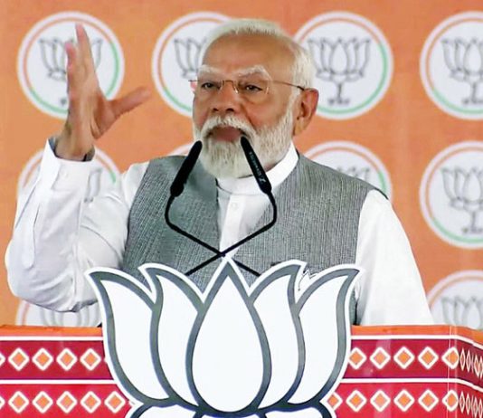 Prime Minister Narendra Modi addresses a public meeting in Anand on Thursday. (UNI)