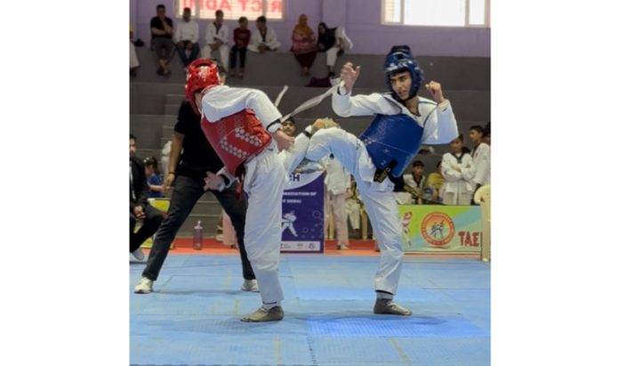Taekwondo athletes in action.