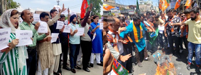 Bharatiya Janata Party (BJP) and BJYM leaders and workers during a protest in Srinagar and Jammu on Sunday against the killing of former Sarpanch in Shopian. -Excelsior pics by Shakeel, Rakesh