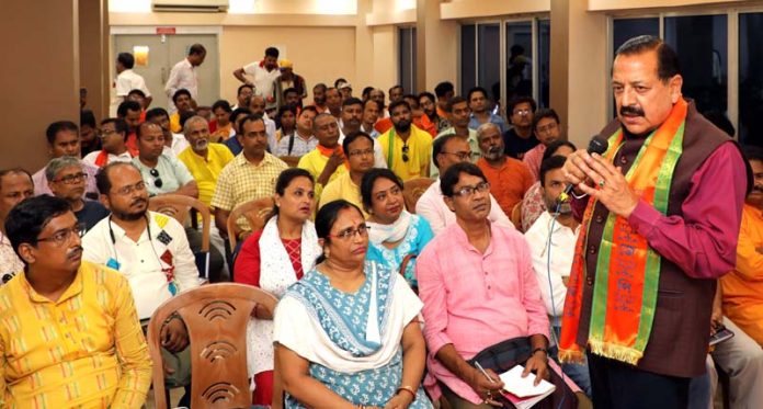 Union Minister Dr. Jitendra Singh addressing a BJP election meeting of Serampore Lok Sabha constituency on Monday.
