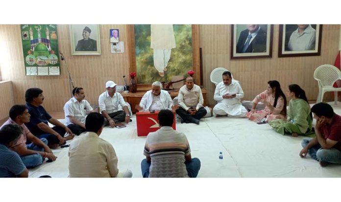 NC Migrant leaders during a meeting with party additional general secretary, Ajay Kumar Sadhotra and provincial president, Rattan Lal Gupta at Jammu on Monday.
