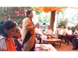 BJP National Executive Member and former Minister, Priya Sethi addressing a party meeting at Nowshera on Saturday.