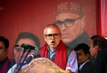 NC vice president Omar Abdullah addressing a public rally in Zadibal on Sunday. - Excelsior/Shakeel