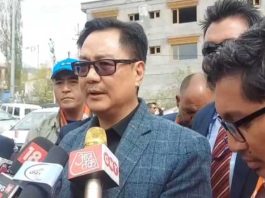 Union Minister Kiren Rijiju addressing media persons in Leh on Saturday.