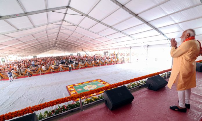 Prime Minister Narendra Modi at a public meeting in Basti, Uttar Pradesh on Wednesday. (UNI)