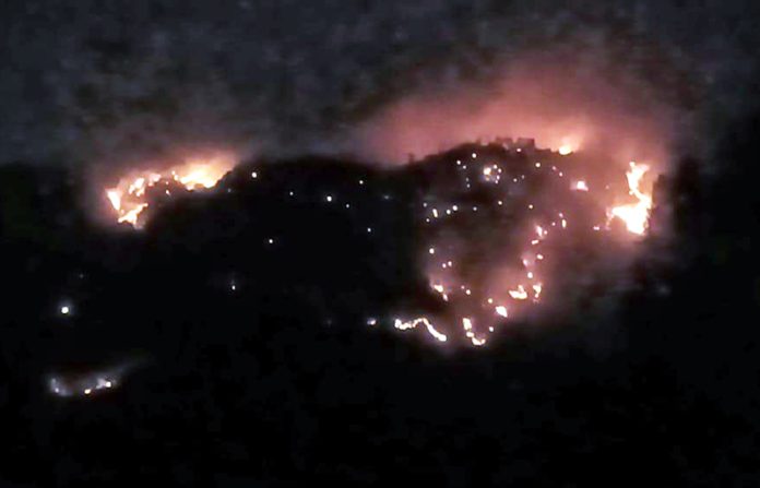 A view of fire in a forest range of Jammu region.