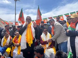 BJP leader Tashi Gyalson at a rally before filing nomination papers in Leh on Wednesday.