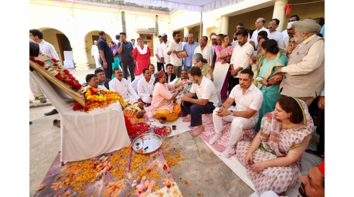 Congress leader and party candidate from Rae Bareli constituency Rahul Gandhi along with party leaders Sonia Gandhi, Priyanka Gandhi Vadra and brother-in-law Robert Vadra, at a 'puja' after filing his nomination for Lok Sabha elections, in Rae Bareli. Telangana Chief Minister Revanth Reddy is also seen. (UNI)