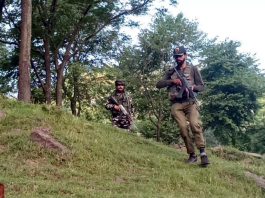 Security forces during search operation at Shahsitar in Surankote on Sunday. -Excelsior/Waseem