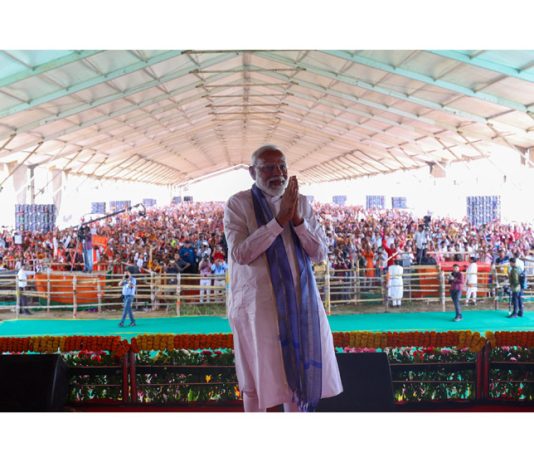 Prime Minister Narendra Modi at a public meeting for Lok Sabha elections in Dumka district, Jharkhand on Tuesday. (UNI)