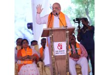Union Home Minister Amit Shah addressing an election rally in Belagavi district of Karnataka on Friday. (UNI)