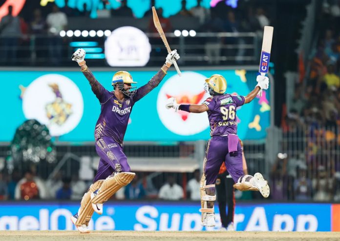 KKR players celebrating after beating SRH by 8 wickets to win their 3rd IPL title at Chennai on Sunday.