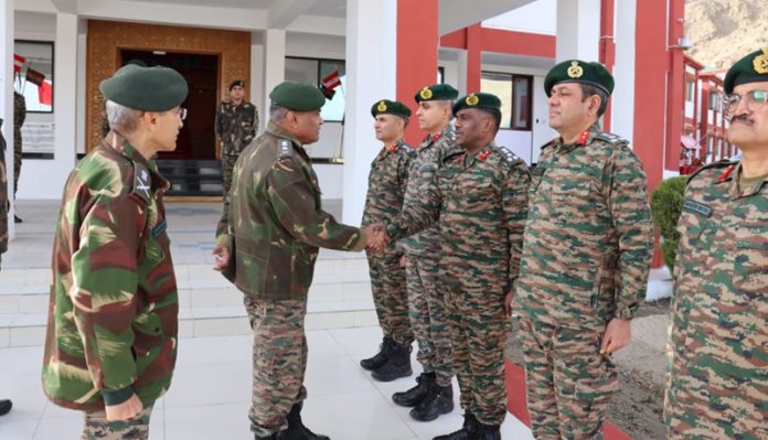 Army chief Gen Manoj Pande meeting Army officials at Leh on Friday.