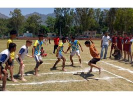 Players in action during a Kabaddi match at General Zorawar Singh Stadium, Reasi.