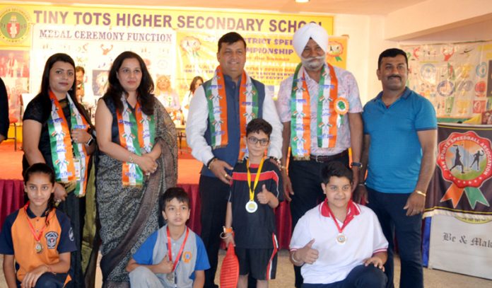Dignitaries presenting medals to players during concluding ceremony of Inter School Speedball Championship at Jammu.