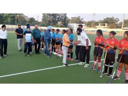 Chief Guests interacting with players before the start of Hockey match at Jammu.