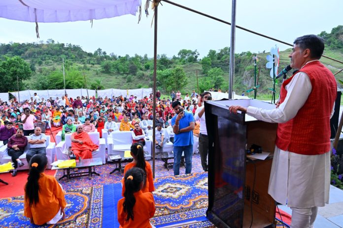 A speaker addresses the gathering during Annual Festival of Bharatiya Vidya Mandir at Nainsoo in Udhampur.
