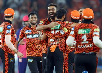 Sunrisers Hyderabad team celebrating after defeating Rajasthan Royals by one run on Thursday.