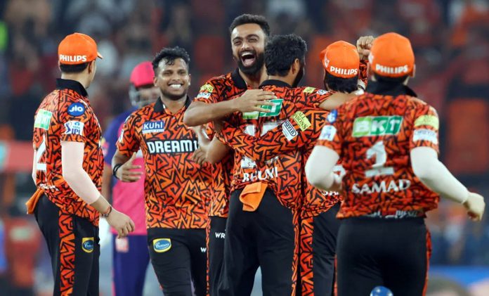 Sunrisers Hyderabad team celebrating after defeating Rajasthan Royals by one run on Thursday.