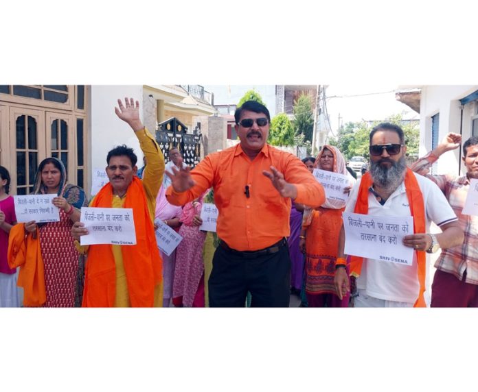 Shiv Sena activists raising slogans during a protest in Jammu on Tuesday.