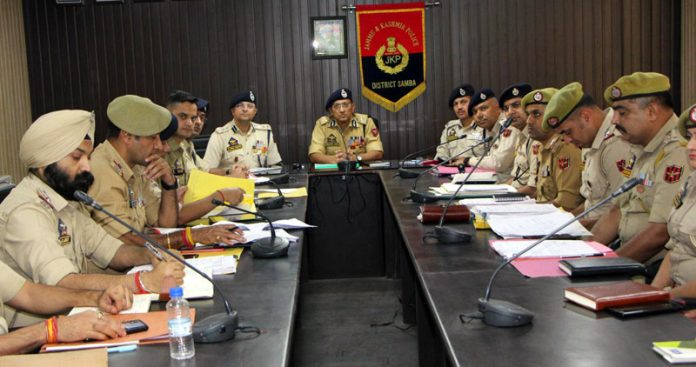 ADGP Jammu Anand Jain chairing a meeting of police officers in Samba District on Wednesday.