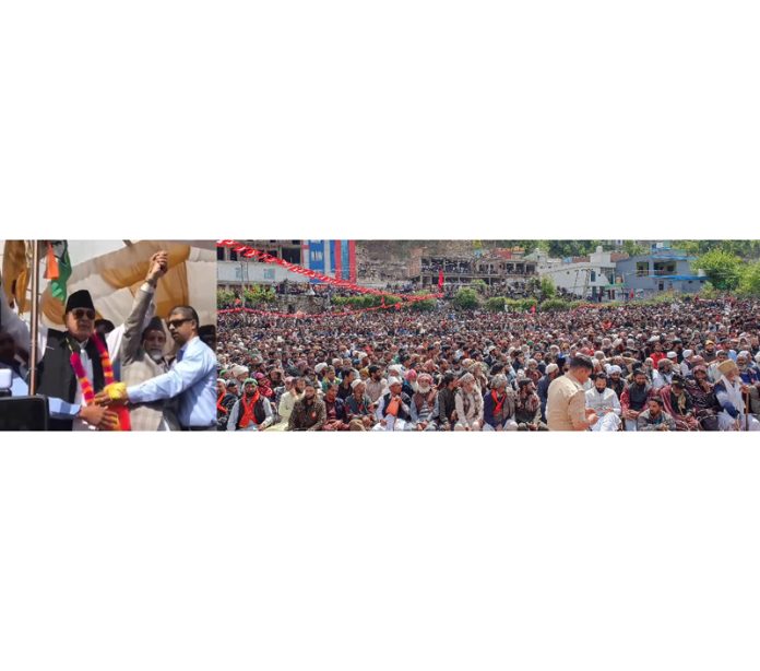 NC president Dr Farooq Abdullah addressing large public rally at Kotranka in Rajouri.