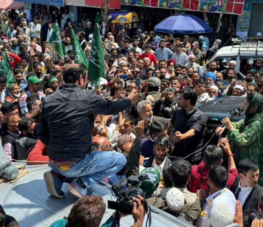 PDP president Mehbooba Mufti addressing public meeting in Tral area of Pulwama on Tuesday.