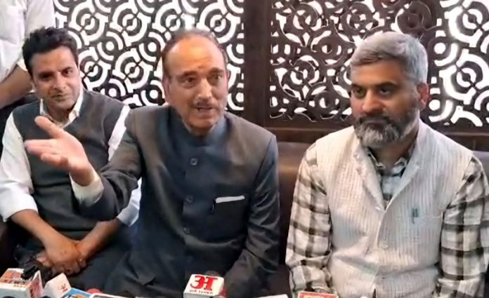 DPAP Chairman Ghulam Nabi Azad addressing press conference in Poonch. -Excelsior/Waseem