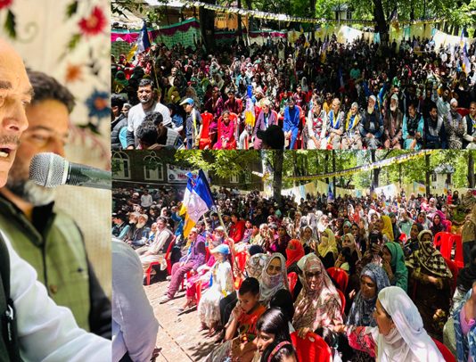 DPAP Chairman Ghulam Nabi Azad addressing election rally at Qazigund in south Kashmir.