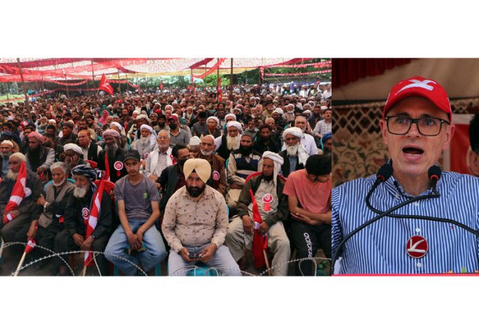 NC vice president Omar Abdullah addressing an election rally in Anantnag on Wednesday.(UNI)