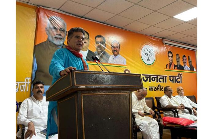 BJP J&K UT president Ravinder Raina addressing a party’s review meeting at BJP Headquarters, Trikuta Nagar on Friday.
