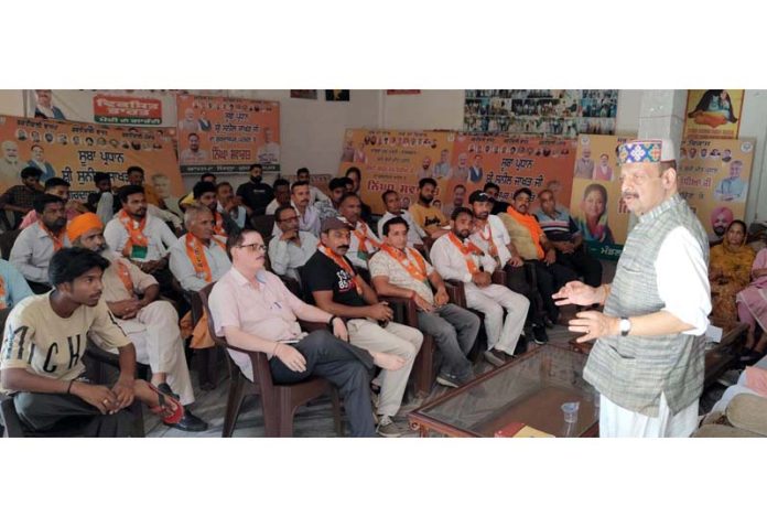 Senior BJP leader Devender Singh Rana addressing a gathering in Gurdaspur on Wednesday.