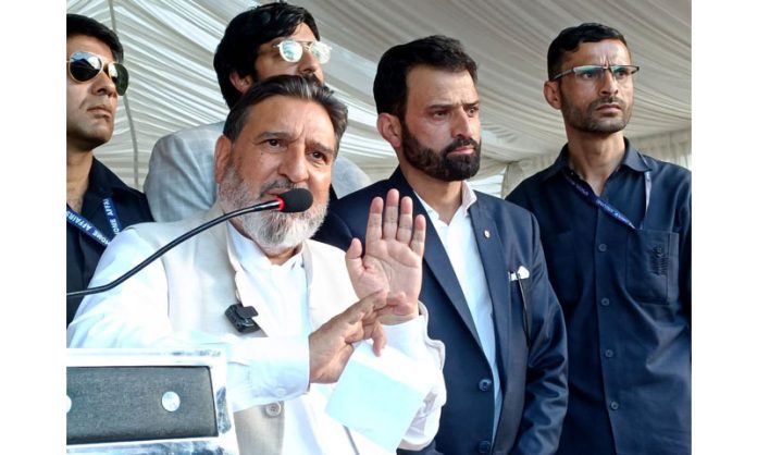 Apni Party president, Altaf Bukhari addressing an election rally at Charar-i-Sharief in Budgam district. -Excelsior/Shakeel