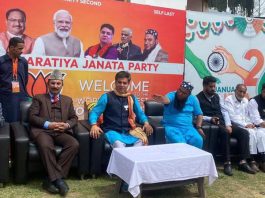 BJP president, Ravinder Raina addressing a public meeting at Kupwara on Friday.