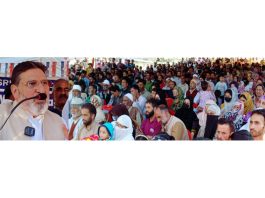 Apni Party president Altaf Bukhari addressing election rally in Ganderbal.