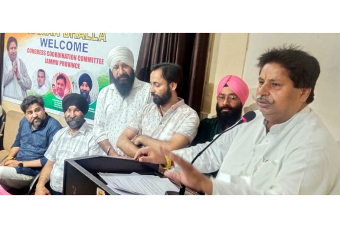 Congress contesting candidate from Jammu-Reasi parliamentary seat Raman Bhalla addressing prominent persons at Press Club, Jammu.