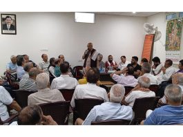 Senior BJP leader Rajinder Sharma addressing a gathering at Senior Citizens Rejuvenation Centre in Jammu.