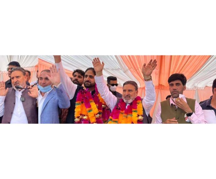 Apni Party president Altaf Bukhari and others during election rally in Kulgam.