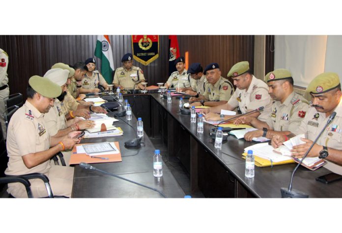 DIG JSK Range, Dr Sunil Gupta, chairing a meeting in Samba District on Wednesday.