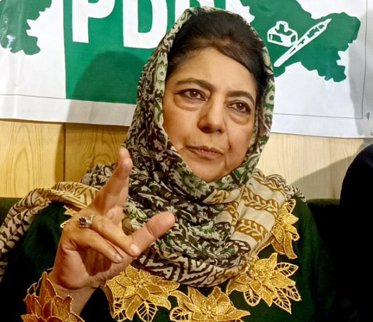 PDP president, Mehbooba Mufti during a press conference in Srinagar on Sunday. -Excelsior/Shakeel