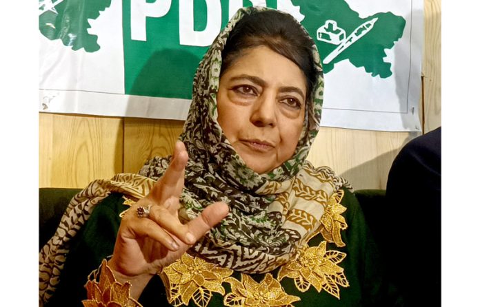 PDP president, Mehbooba Mufti during a press conference in Srinagar on Sunday. -Excelsior/Shakeel