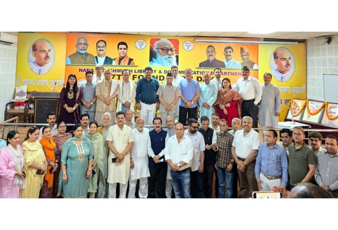 BJP leaders during celebration of Foundation Day of Nanaji Deshmukh Library at Jammu on Tuesday.