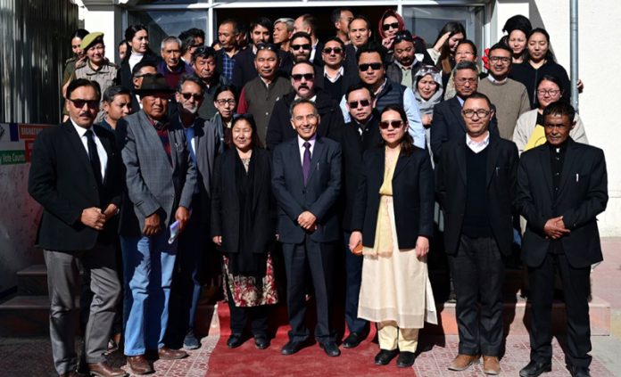 Justice Tashi Rabstan posing with judicial officers at new court complex, Melong Thang in Leh.