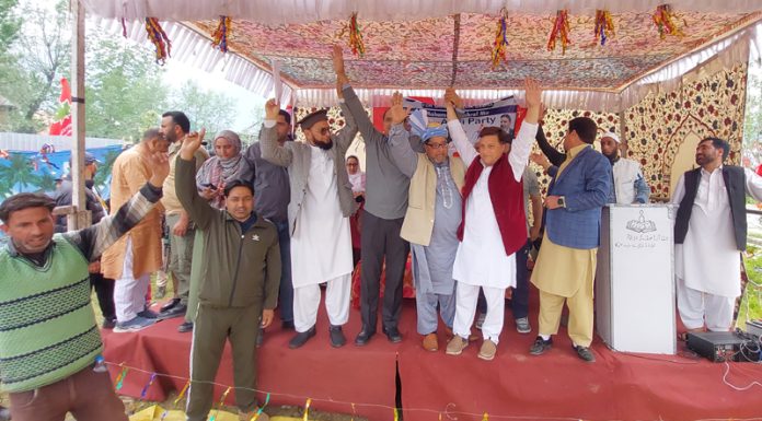 Apni Party Srinagar LS seat candidate Ashraf Mir during a public meeting in Gutlibagh of Ganderbal. —Excelsior/Firdous