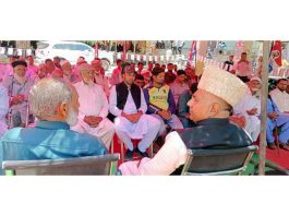 BJP MP (RS) Gulam Ali Khatana addressing a public rally at Kalsian Khanater, Poonch on Monday.