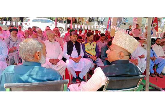BJP MP (RS) Gulam Ali Khatana addressing a public rally at Kalsian Khanater, Poonch on Monday.