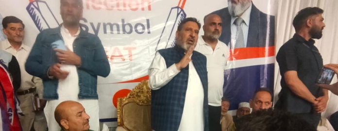 Apni Party president Altaf Bukhari addressing a public meeting at Rawalpora Srinagar.