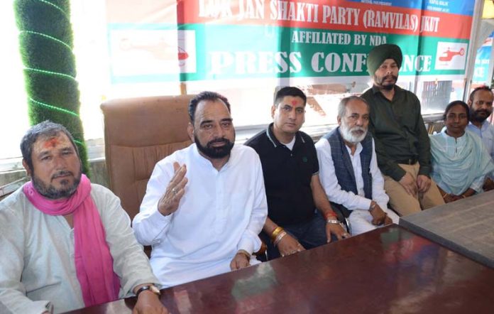 Leaders of J&K Unit of Lok Janshakti Party (Ramvilas) addressing a press conference at Jammu on Monday.