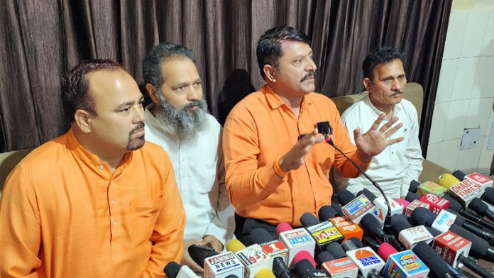 Shiv Sena leaders addressing a press conference at Jammu on Tuesday. -Excelsior/Rakesh